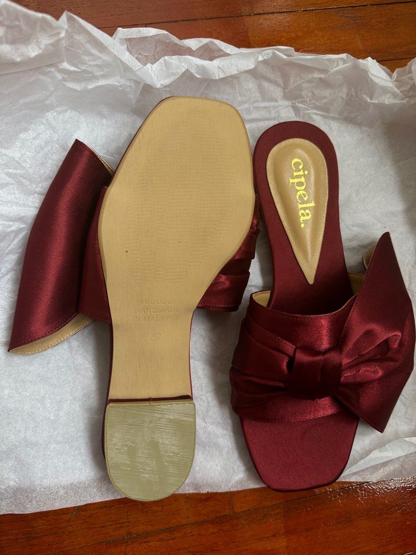 Satin red flats slides