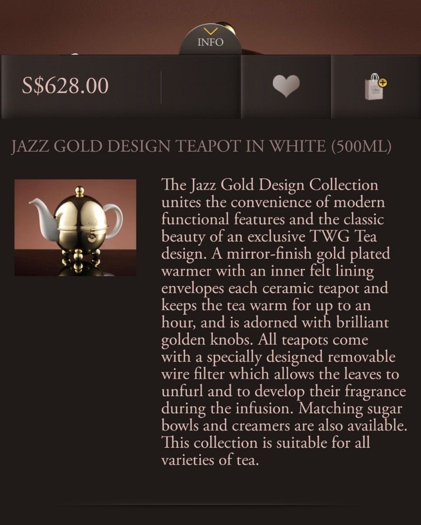 TWG TEA Jazz Gold design teapot 500ml, Furniture & Home Living