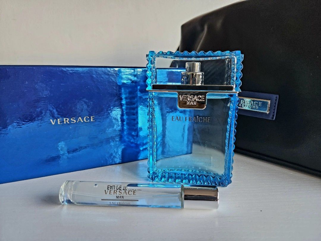 Versace Men Eau Fraiche 100ml set with bag and 10ml travel spray, Beauty & Personal Care