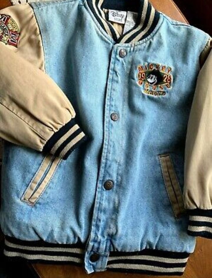 Vintage 90 s Disney Denim Varsity Bomber Jacket 1928 Mickey Mouse