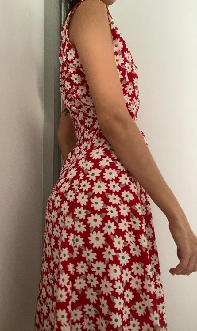 Vintage red floral midi dress Women s Fashion Dresses Sets
