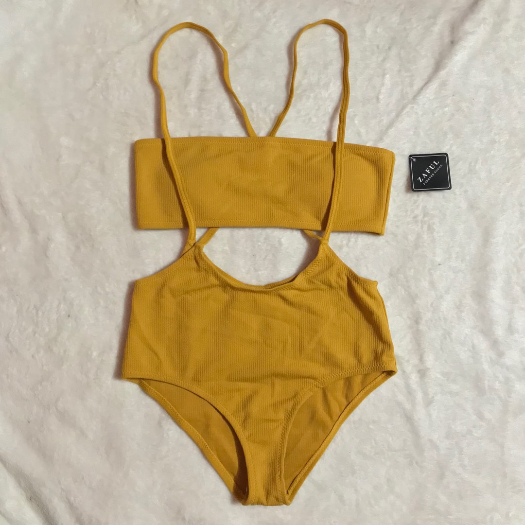 Zaful Mustard Yellow Swimsuit, Women's Fashion, Swimwear, Bikinis ...