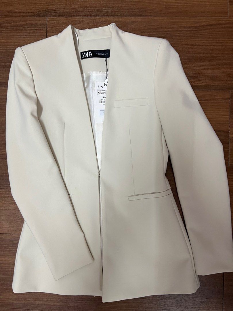 ZARA NEW WOMAN FITTED BLAZER JACKET Contrast Lapels OYSTER WHITE 8374/525