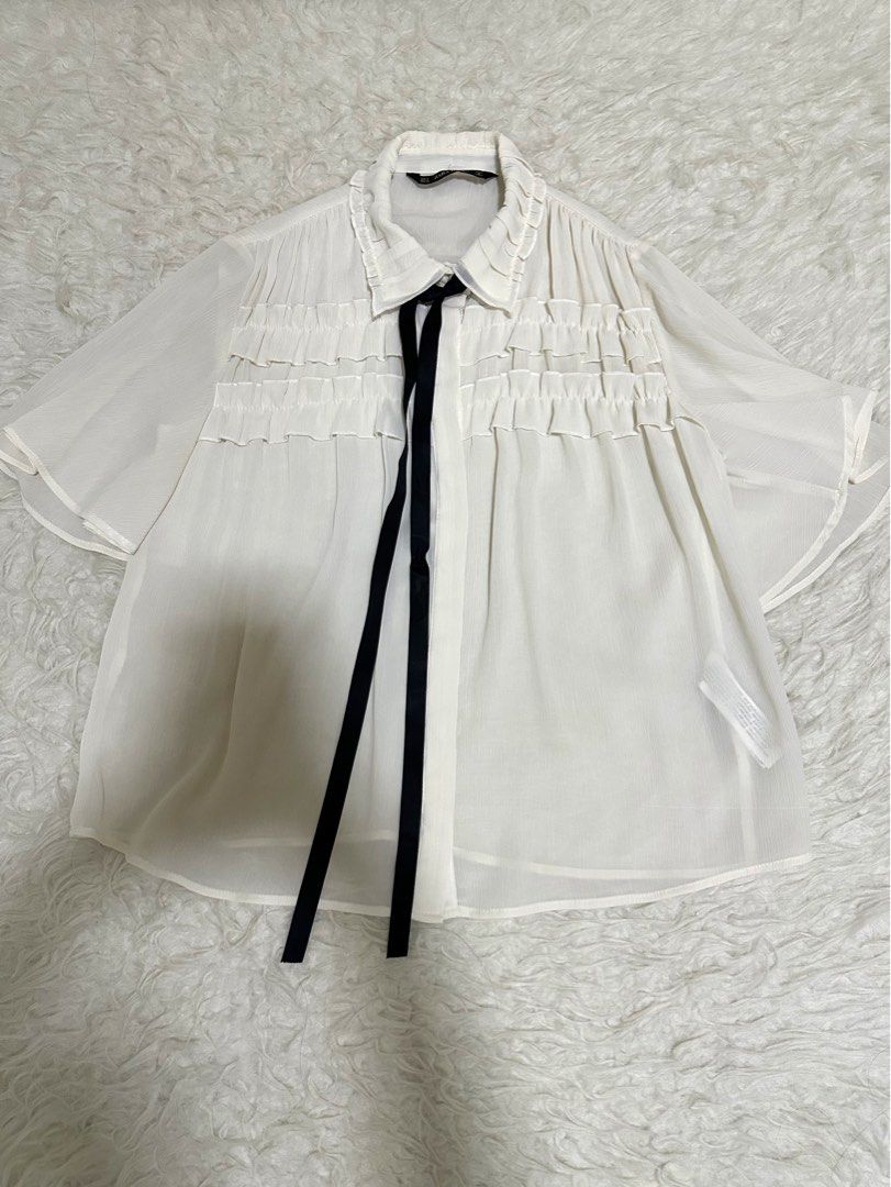Zara white chiffon ruffle top atasan kemeja blouse blus putih dengan