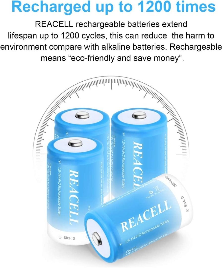 10000 mAh D Batteries Pack of 4 NiMH 1.2 V Type D, Photography