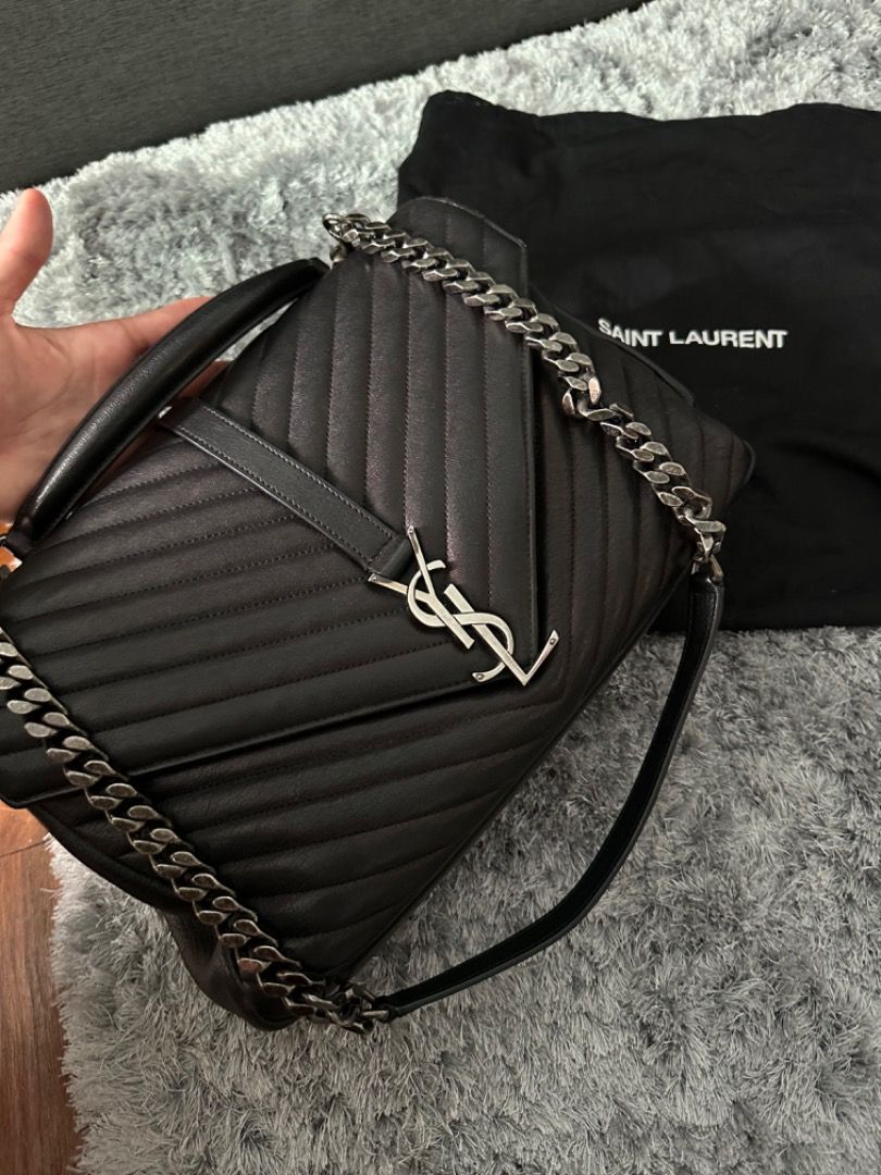 100% Authentic Yves Saint Laurent YSL College Medium Bag Chevron Quilted  Black Leather Shoulder 2 Way Sling HandBag Work Bag