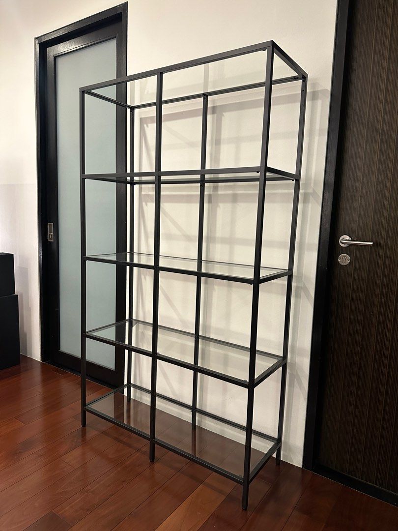 5tier Black Metal & Glass Display Shelf, Furniture & Home Living