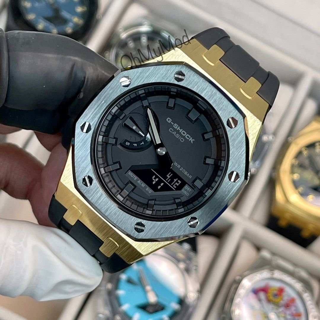 SALE Black on Gold Stainless Steel Bezel with black rubber strap CasiOak Mod