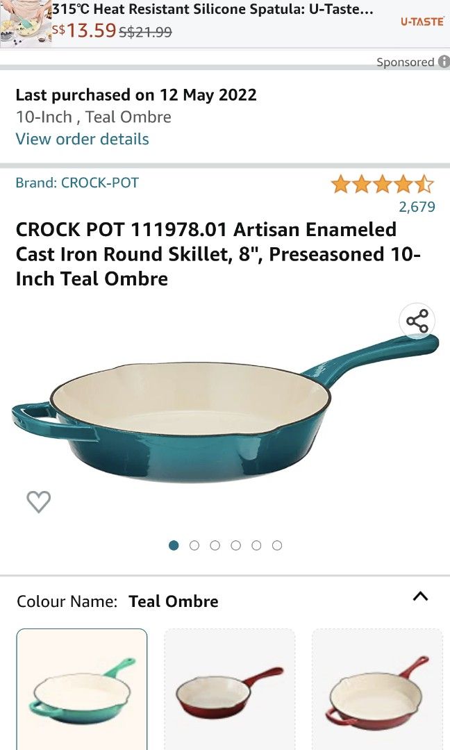 Crock Pot Artisan 10 Inch Enameled Cast Iron Round Skillet, Teal Ombre