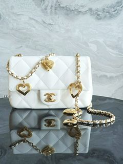 Chanel Mini Rectangular Flap Bag with Heart Chain White Lambskin Antique  Gold Hardware