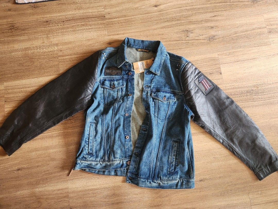 Harley davidson leather clearance sleeve denim jacket
