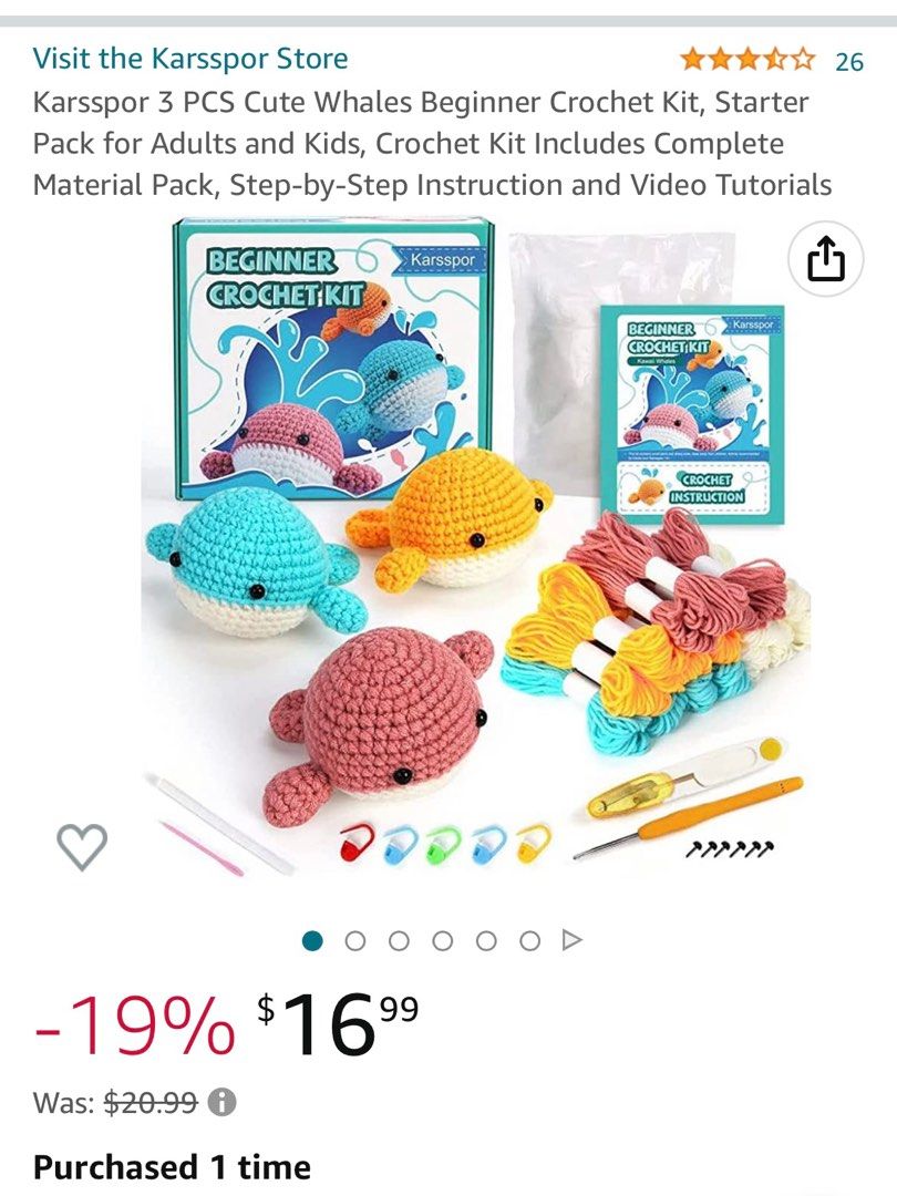 Beginner Crochet Kit 3 Cute Whales With Complete Materials and