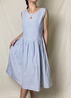 Blue stripe cotton midi dress
