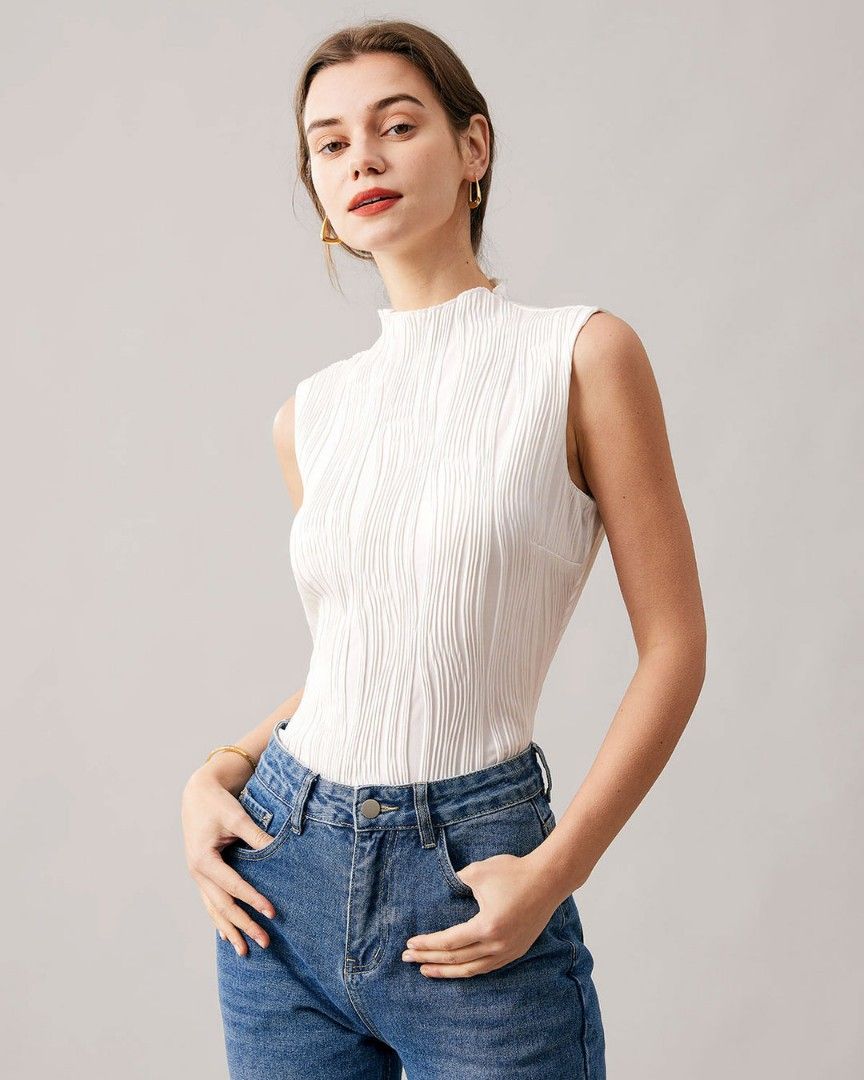 White sleeveless sale mock neck top