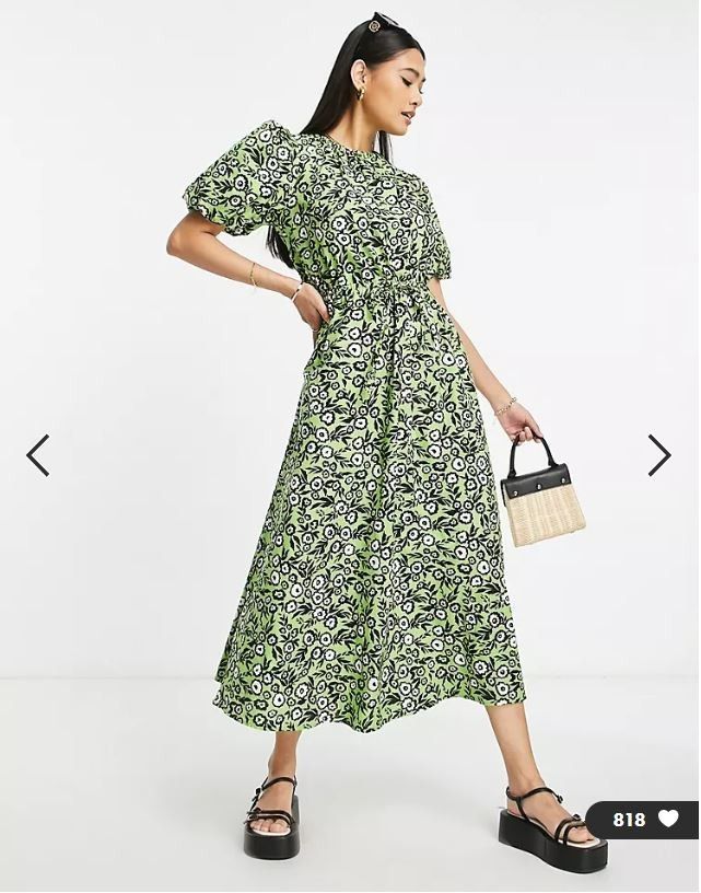 BNWT Topshop Green Textured Graphic Floral Midi Tea Dress w Cutout