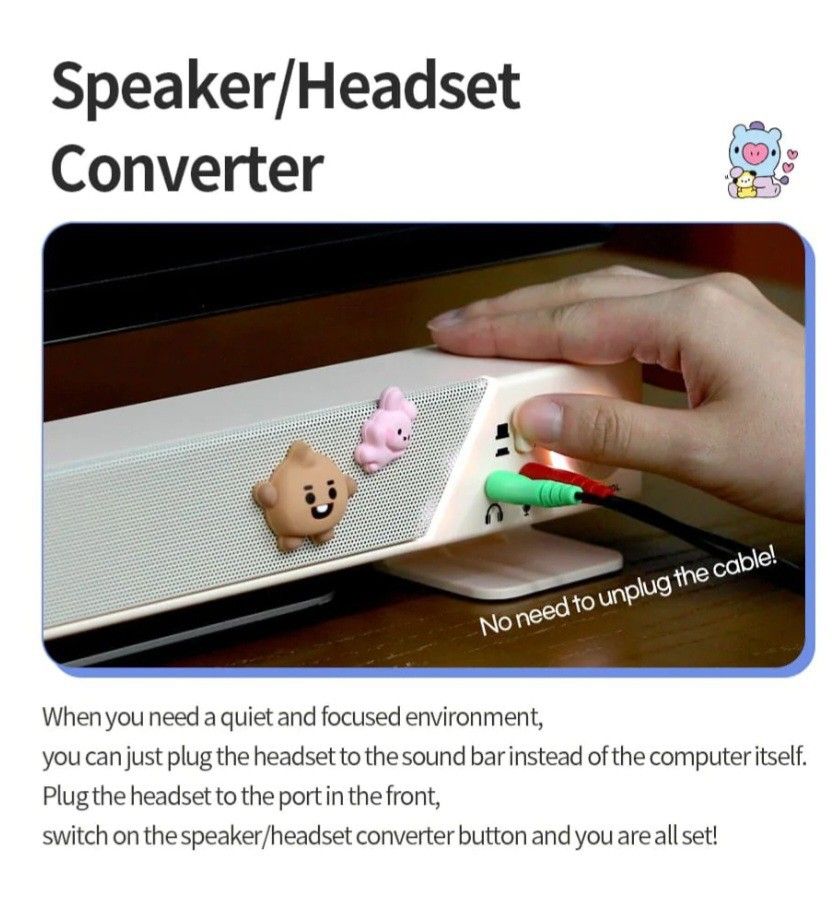 BT21 CHIMMY Computer SoundBar (USB Speaker) (Category: Soundbars, Speakers & Amplifiers) located in Quezon City. Submitted by niceandfancy (Listing ID 1230651563, Image 3). Description: [PRODUCT INFORMATION] Product Size : 45.5 x 7.7 x 9.5 cm Product Weight : 679g Material : ABS.