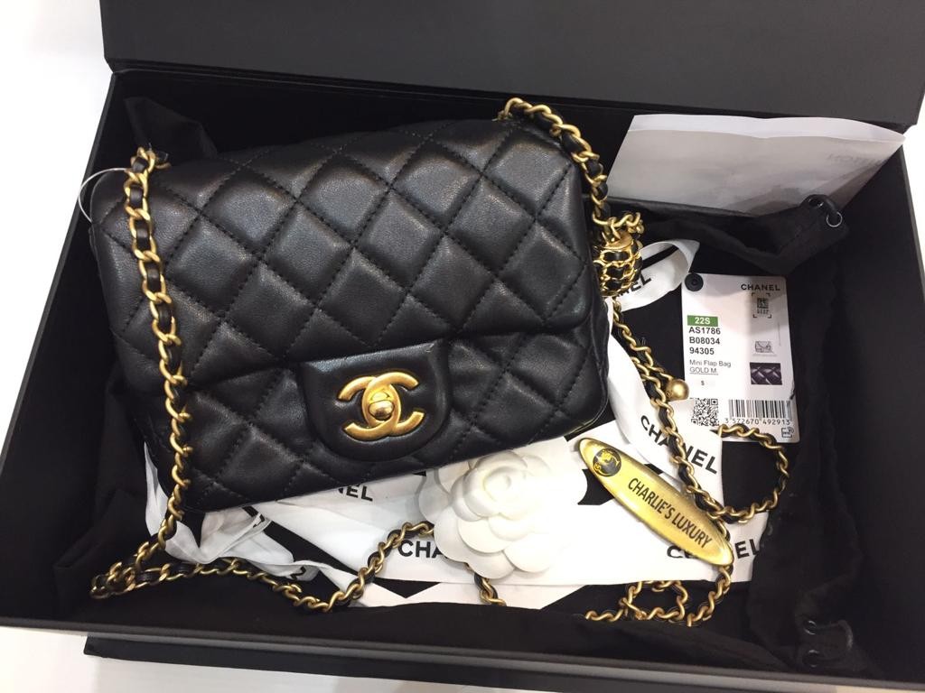 Chanel mini Flap bag Black Chain Gold #chip with db,pita Camelia,taq ...