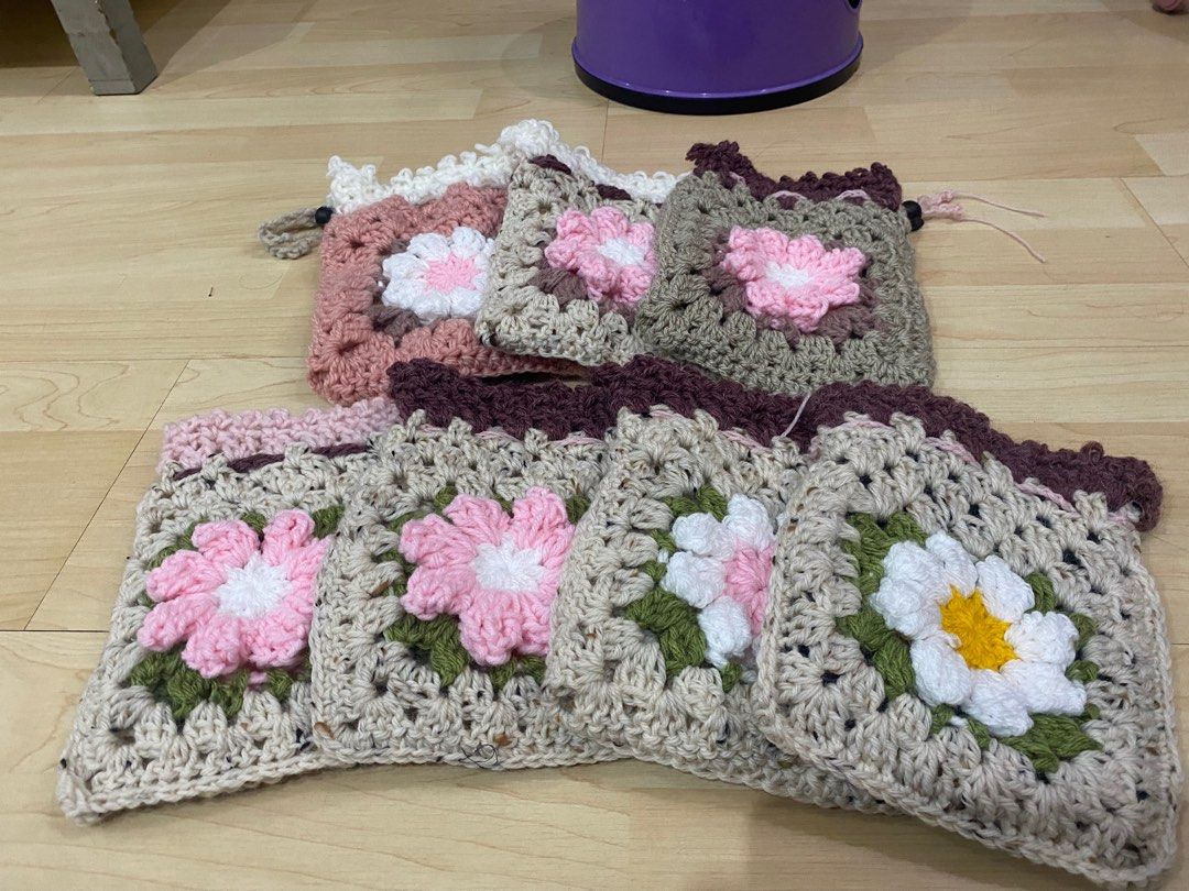 Crochet flower pouches, Hobbies & Toys, Stationery & Craft, Handmade