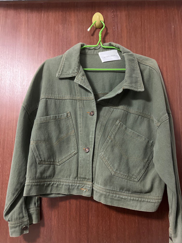 dark/ army green denim jacket woman oversized, Women's Fashion, Coats
