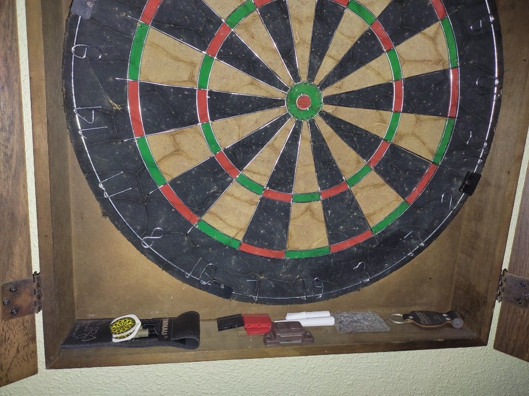 Deluxe Wood Grain Dartboard & Case (darts included as in pics, Sports