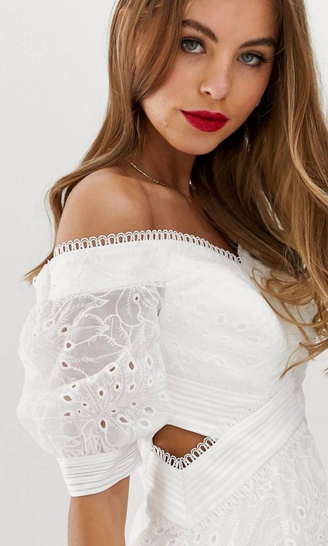 Forever new broderie sweetheart deals neck bardot mini dress