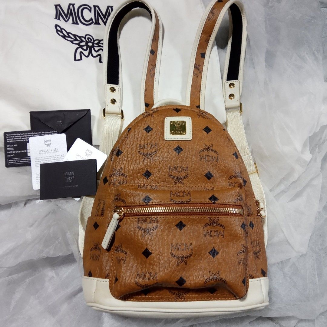 MCM Visetos XMini Stark Backpack in Cognac and White on Carousell