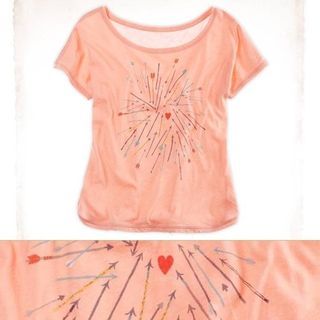 NWT Aerie Peach Pink Arrows Heart Print T-Shirt Jersey Boatneck Tee 100% Cotton Plus UK 10-18