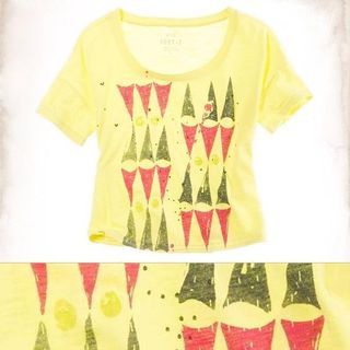 NWT Aerie Yellow Red Green Triangle Bunting Print Soft Cropped Scoopneck T-Shirt Tee L XL