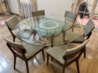 Preloved Glass Dining set (150cm) + lady susan + dining chairs