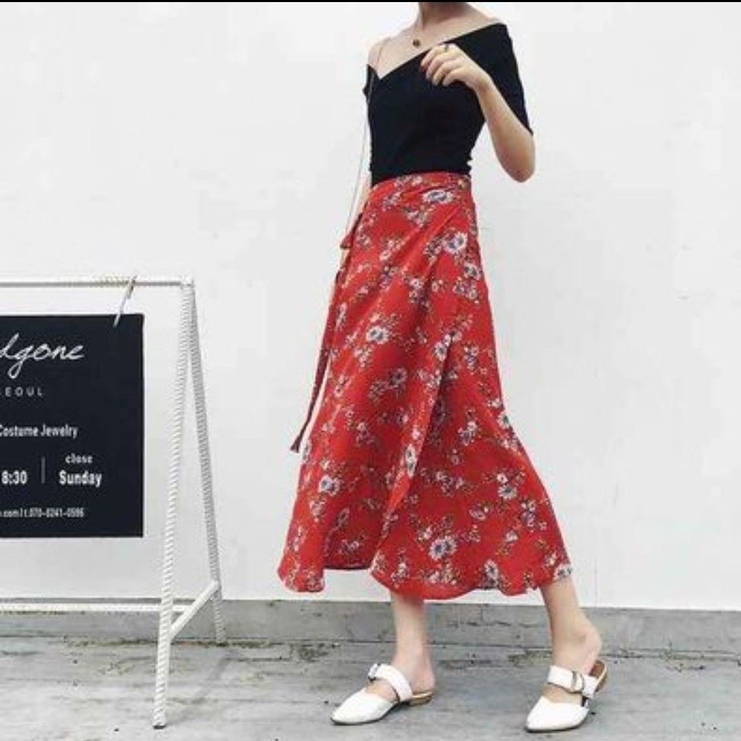Red floral cheap skirt outfit