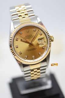 ROLEX OYSTER DATEJUST 36mm HALF-GOLD IN JUBILEE BRACELET DIAMOND GOLD DIAL 16233 (MINT)
