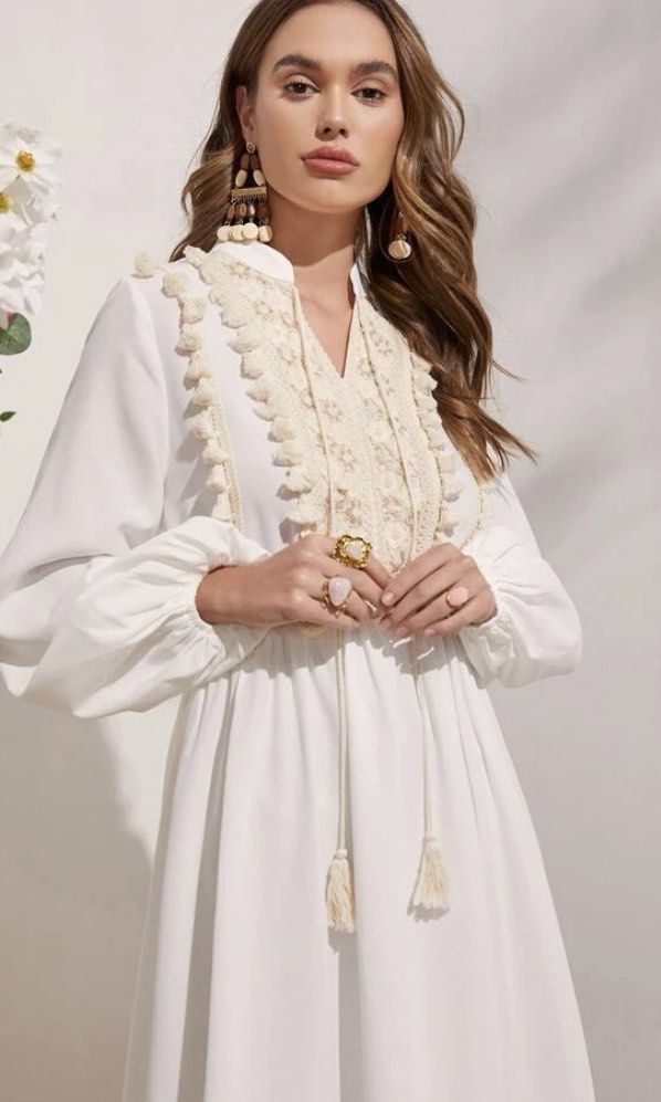 Embroidered lantern sleeve tassel tie smock dress on sale