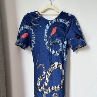 Silk Laundry Short Sleeve Bias Cut Dress Blue Snakes Print in Small