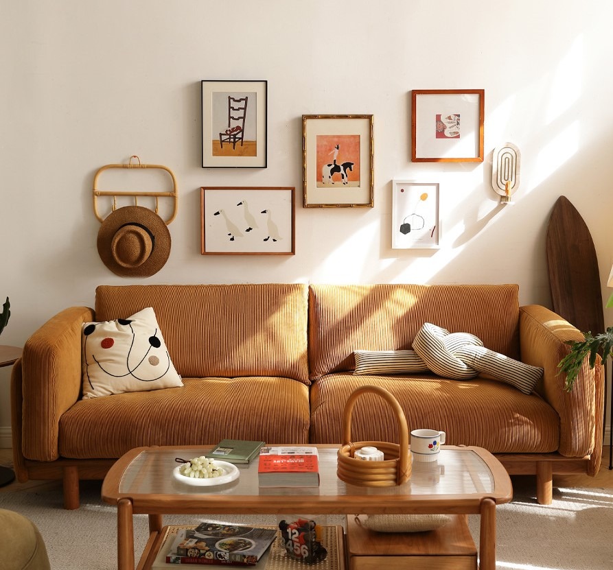 Simple solid cherry wood etymology fabric sofa, Furniture & Home Living