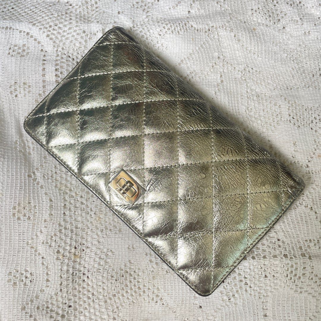 Auth CHANEL Matelasse 2.55 Bifold Long Wallet Silver Quilted