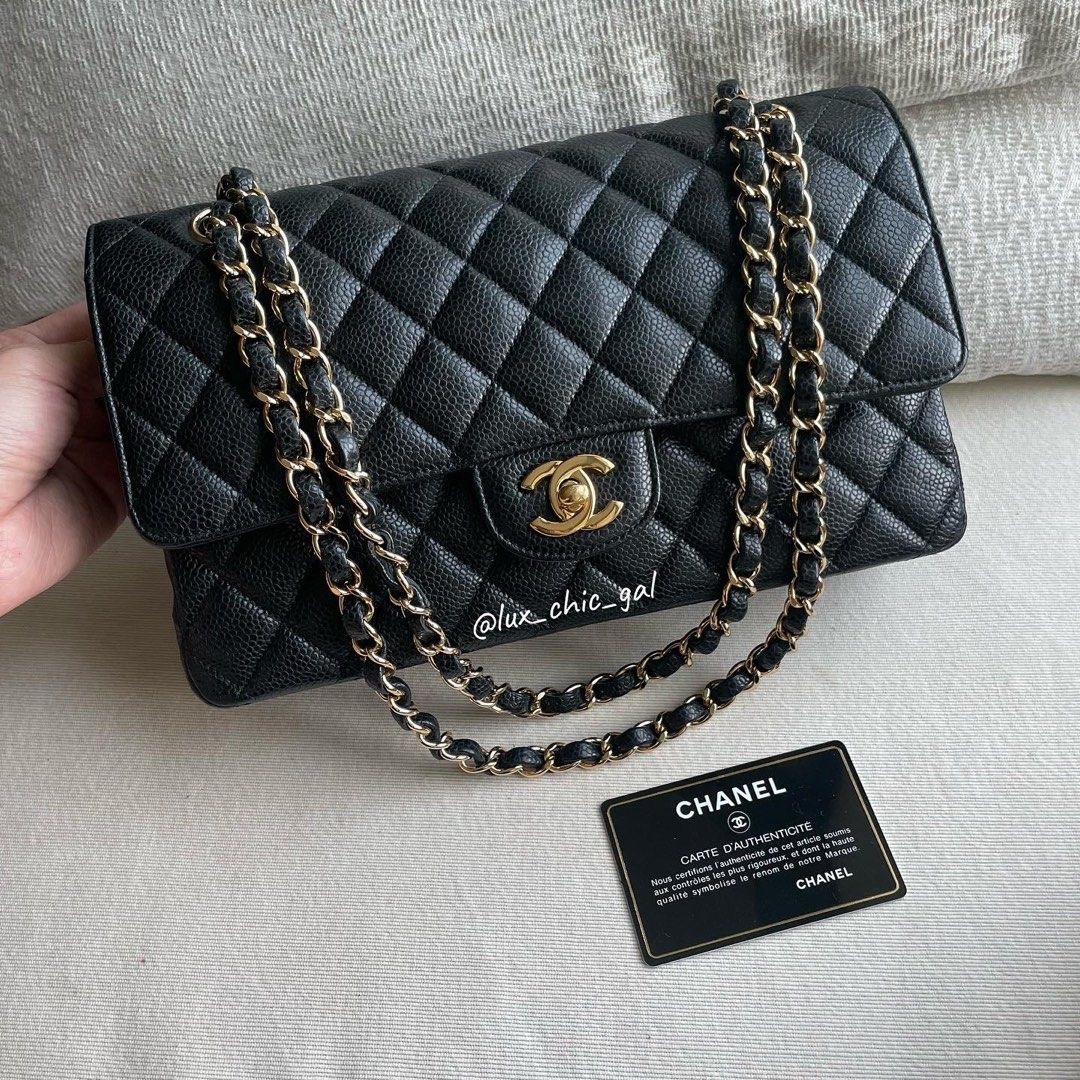 AUTHENTIC CHANEL Caviar Medium 10 Classic Flap Bag Gold Hardware 💙 FULL  BOX SET, Luxury, Bags & Wallets on Carousell