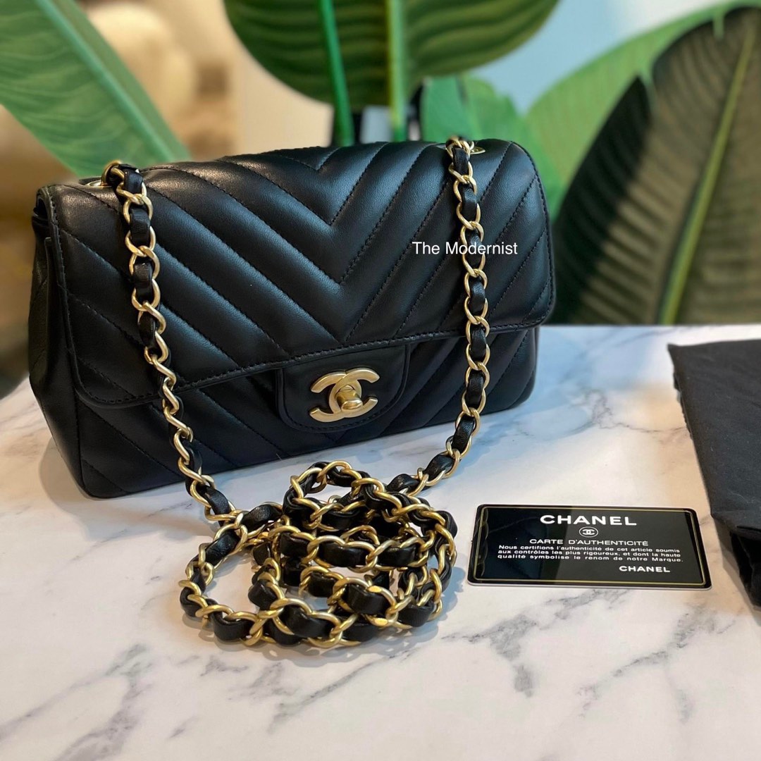 Authentic Chanel Chevron Mini Flap Bag Black Lambskin Matte Gold Hardware,  Luxury, Bags & Wallets on Carousell