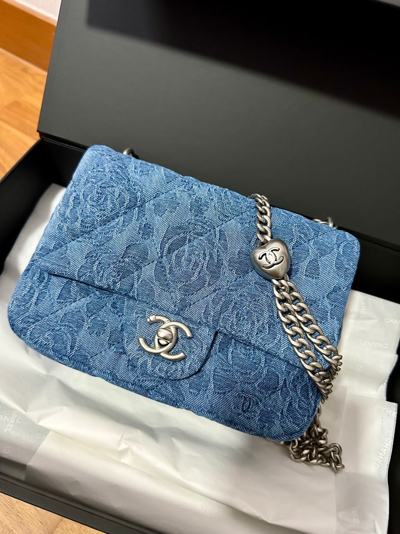 Chanel Denim Quilted Camellia Sweetheart Card Holder with Chain Blue
