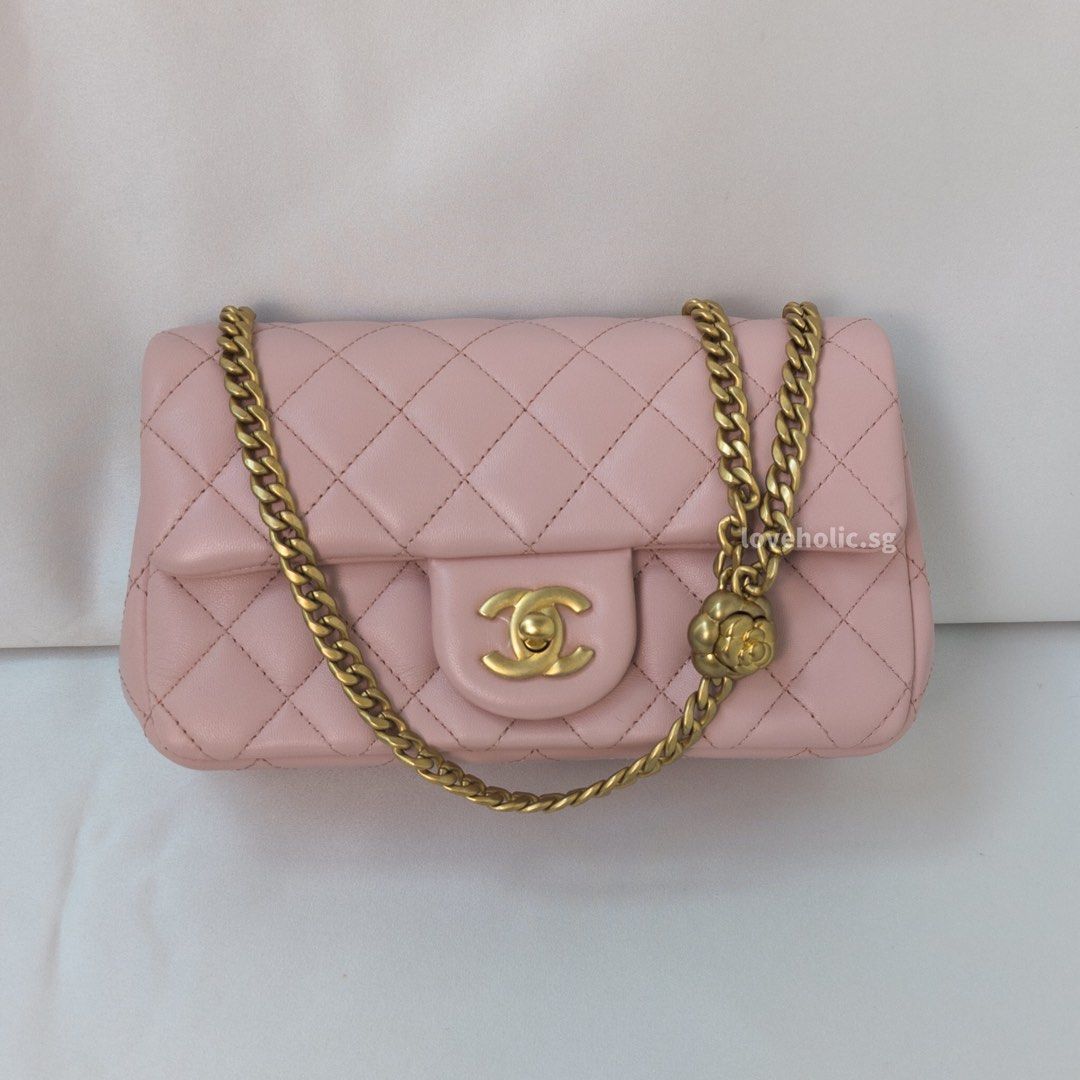 Chanel 23S Sweet Camellia Mini Rectangle | Pink Lambskin Brushed Gold ...
