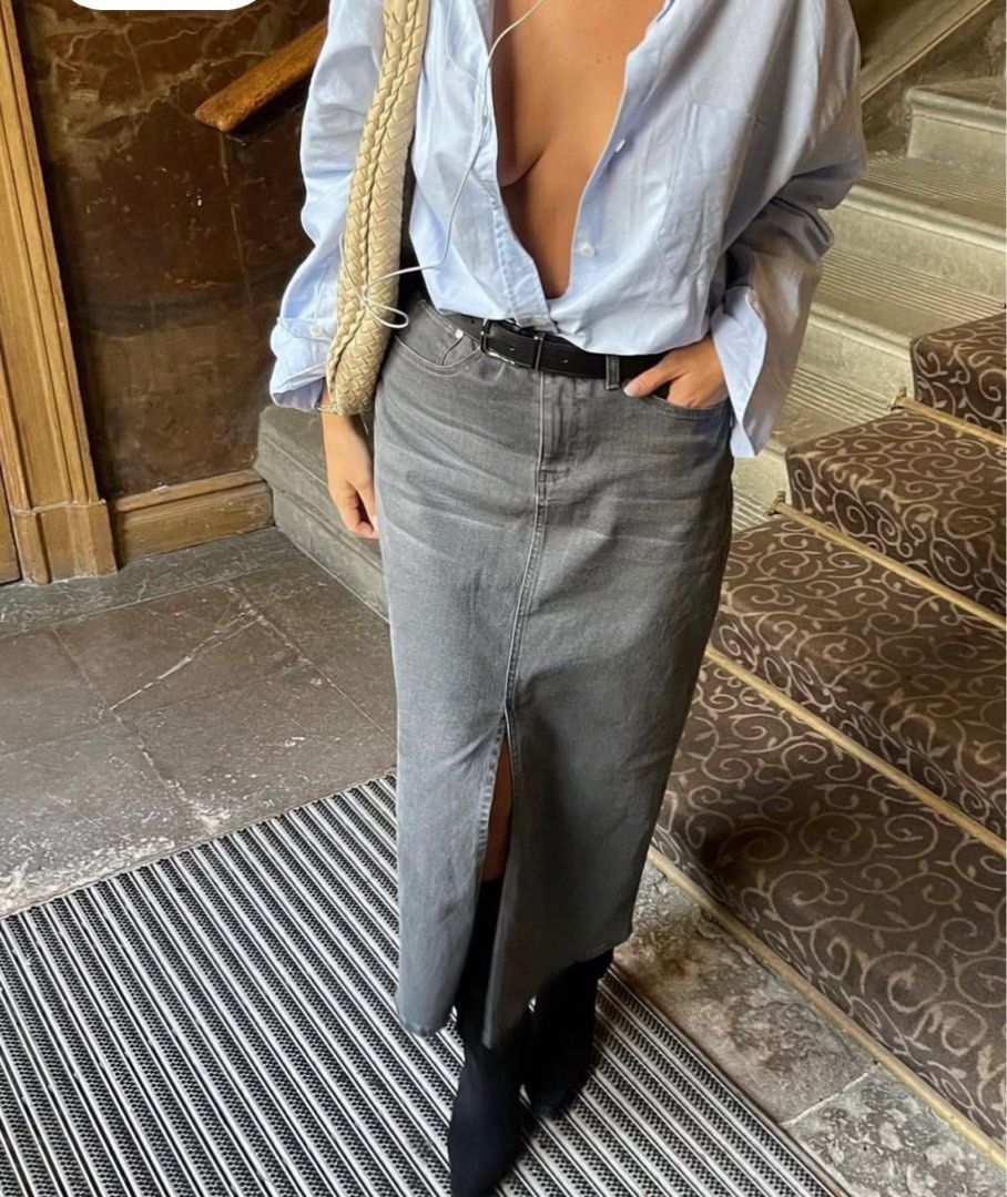 Djerf Avenue Washed Grey Denim Midi Skirt, Women's Fashion