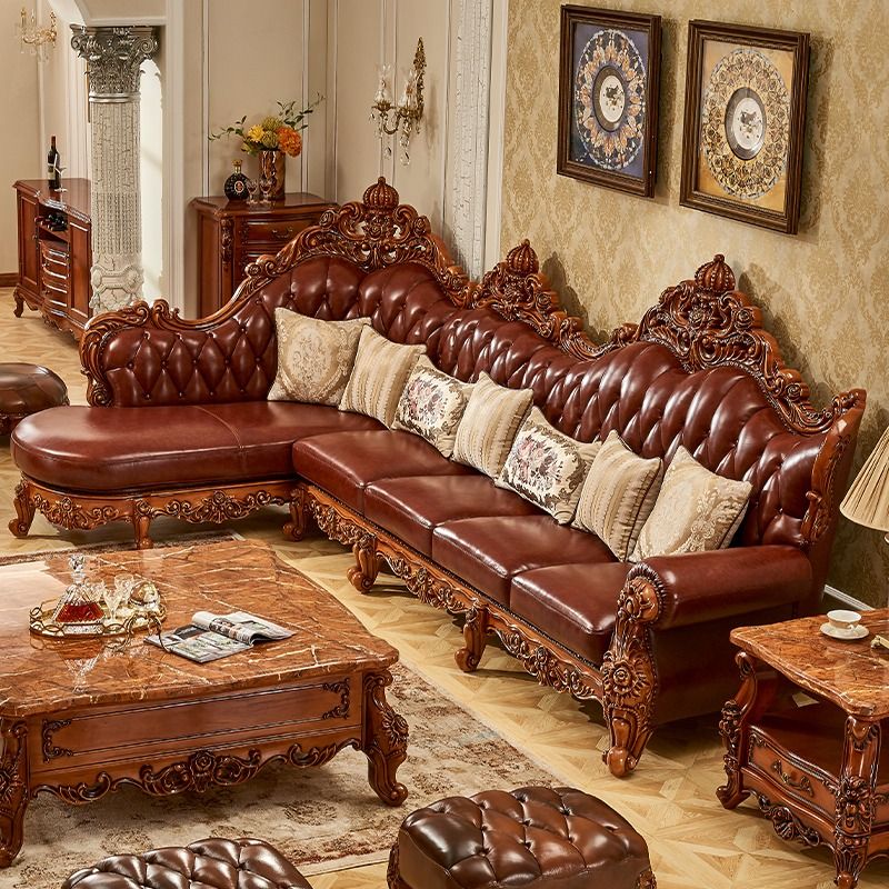 European style solid wood carved corner leather sofa with 3.86m ...