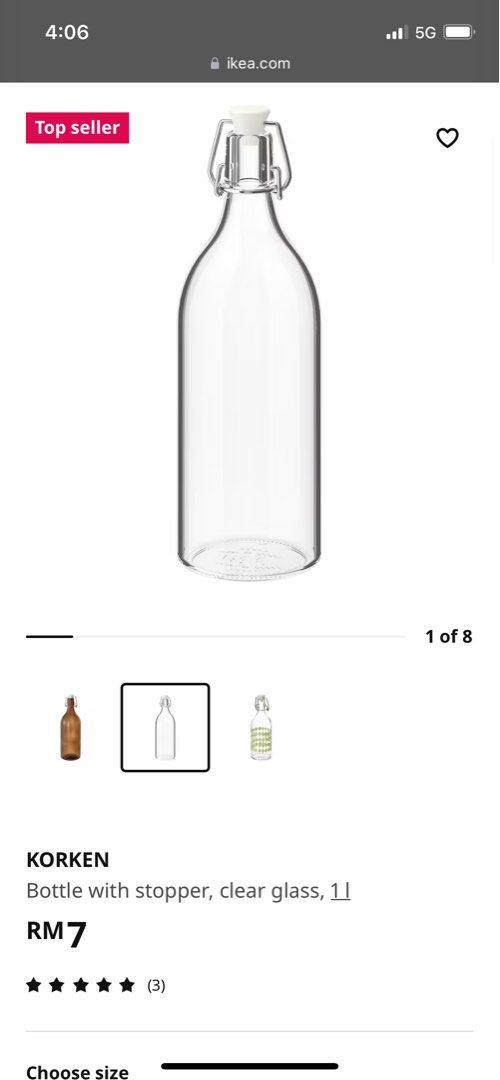 KORKEN Bottle with stopper, clear glass, Height: 11 Diameter: 4