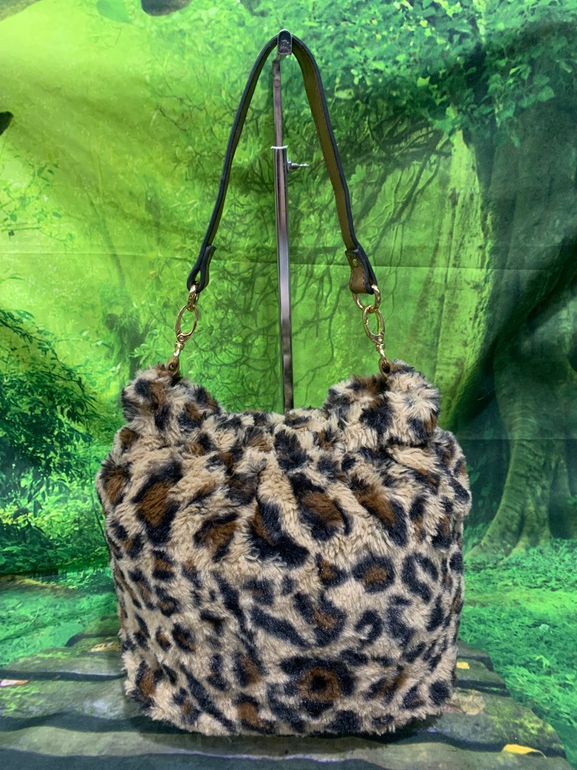 Leopard Pattern Faux Fur Handcarry Bucket Bag Women s Fashion Bags Wallets Purses Pouches on Carousell