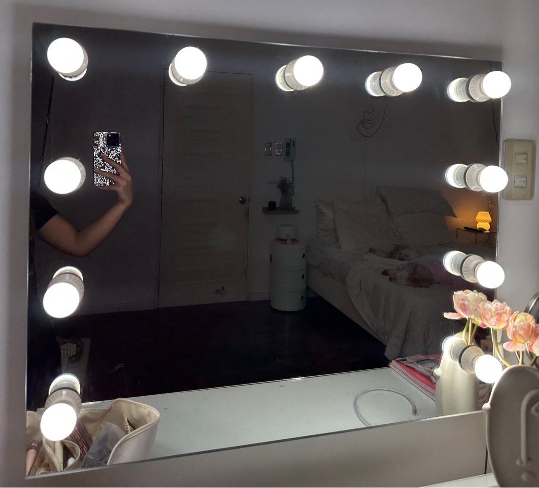 Lighted Vanity Mirror (Category: Mirrors) located in Quezon City. Submitted by shopppit (Listing ID 1230891253, Image 2). Description: Customized Built In Vanity Mirror with Lights - Has on & off switch for lights on the side - Total of 11 Light Bulbs (7W) Length - 82 cm Height - 72 cm Width - 5 cm Price is Negotiable RFS: Change of style, aiming for a minimalist room. .