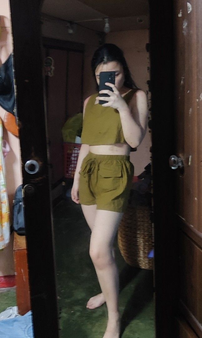 Summer coords/olive green color (Category: Sets or Coordinates) located in Angeles City. Submitted by mangareader (Listing ID 1155824135, Image 3). Description: Preloved coordinate for sale! Once used lang nung time na nagouting po kami (04.14.2022) :) Orig price is 370. last price napo Best fit small to semi large Cute in actual, panget lang po body shape ko! :> Actual photos are posted. Thank you :).