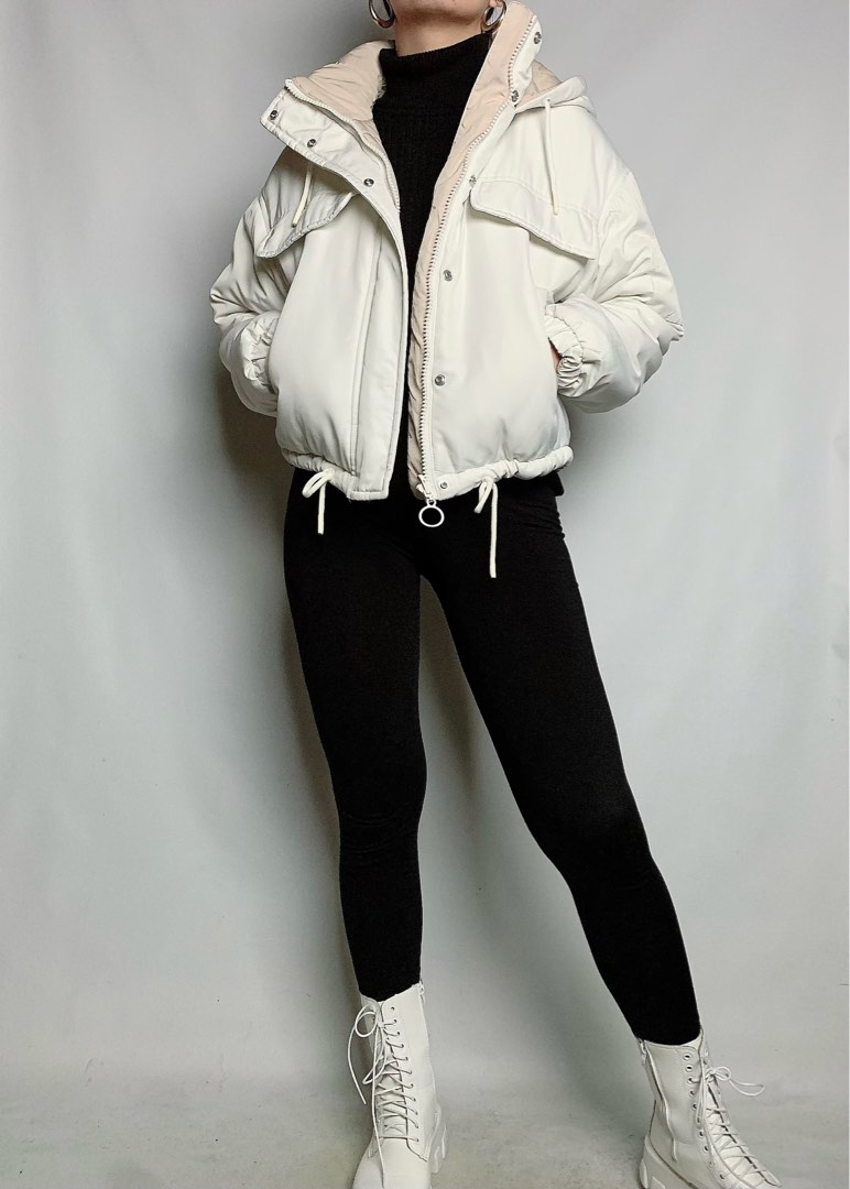 (SOLD) Reversible Crop Puffer Jacket, White puffer jacket, Nude puffer jacket, Oversized