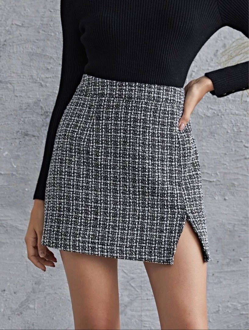 ulzzang checkered knitted skirt acubi black and white, Women's Fashion ...