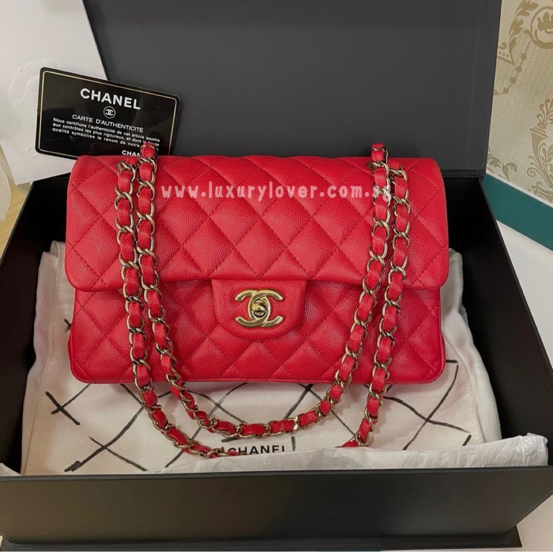 Rare* Chanel Red Small Classic Double Flap Bag In Caviar Leather