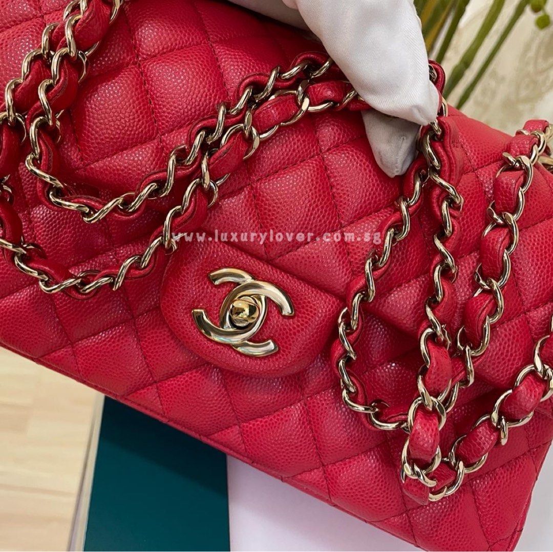 Rare* Chanel Red Small Classic Double Flap Bag In Caviar Leather