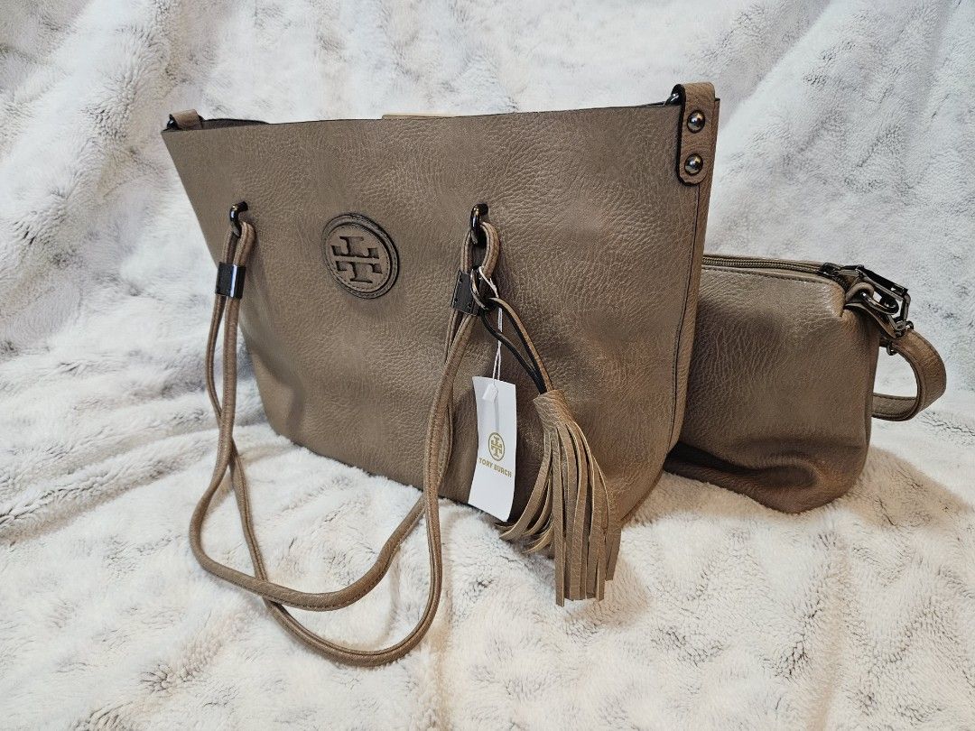 2 in 1 set fake leather bag tan colour, Women's Fashion, Bags & Wallets